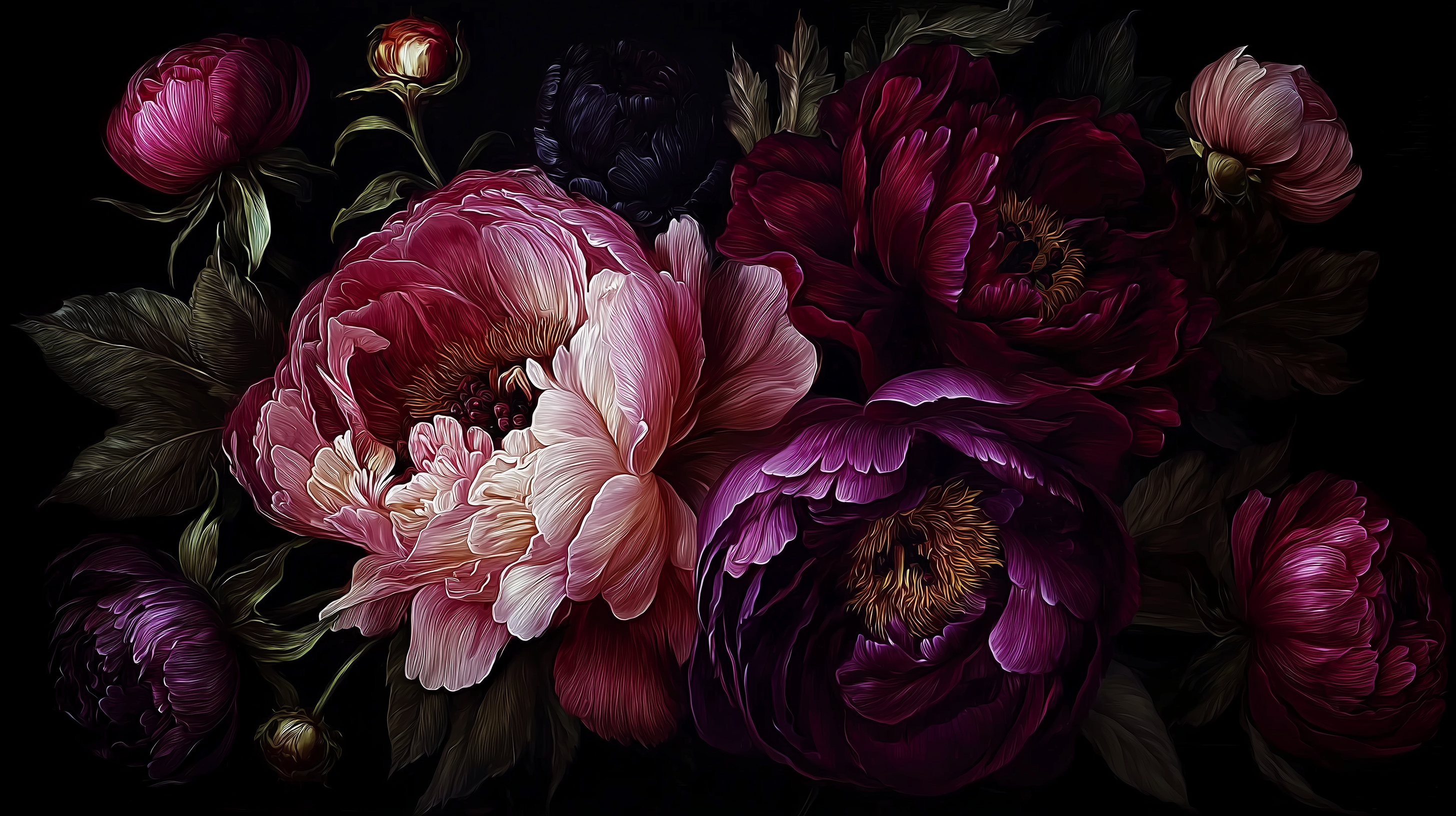 Dark Vintage Peony Floral Mural Wallpaper