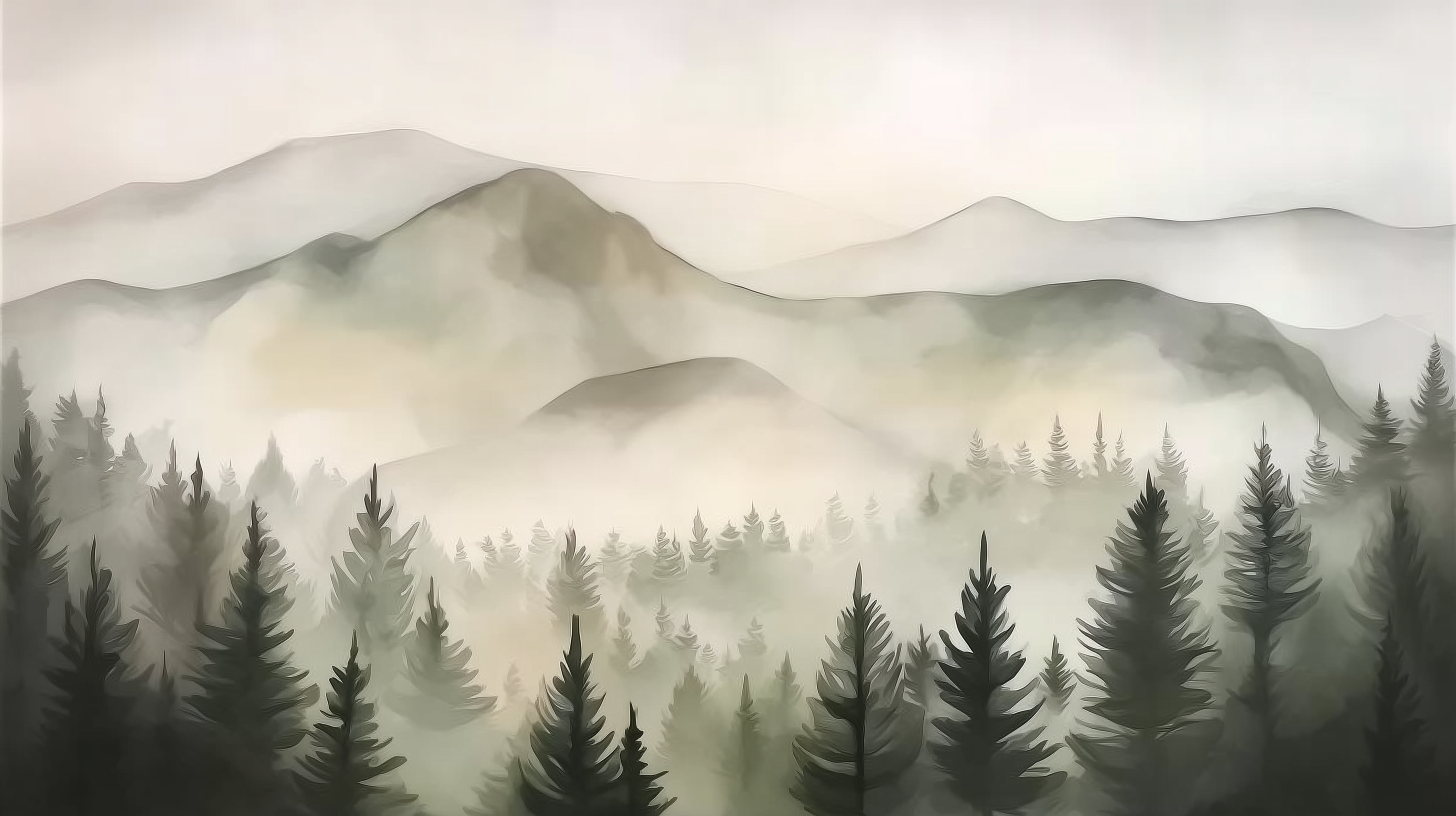 Aquarell-Wandtapete mit nebligen Kiefernbergen